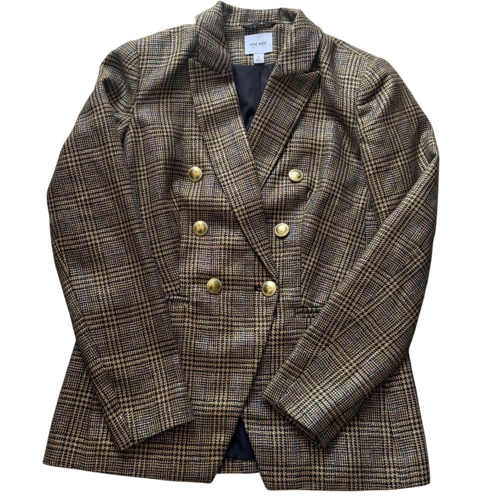 Nine West Womens Small Metallic Gold Plaid Double Breasted Blazer Gold Buttons